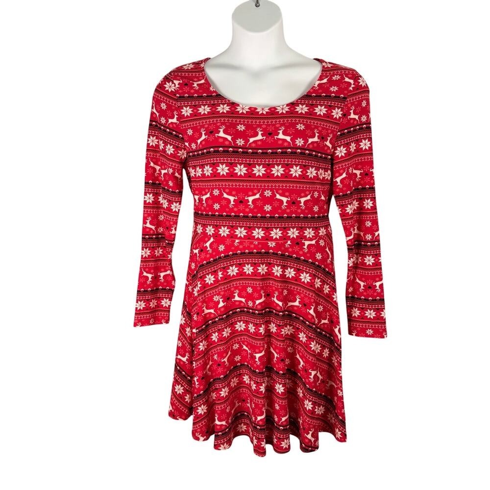 Derek Heart Dress‎ XL Red Knit Fair Isle Reindeer Christmas Holiday Fit & Flare